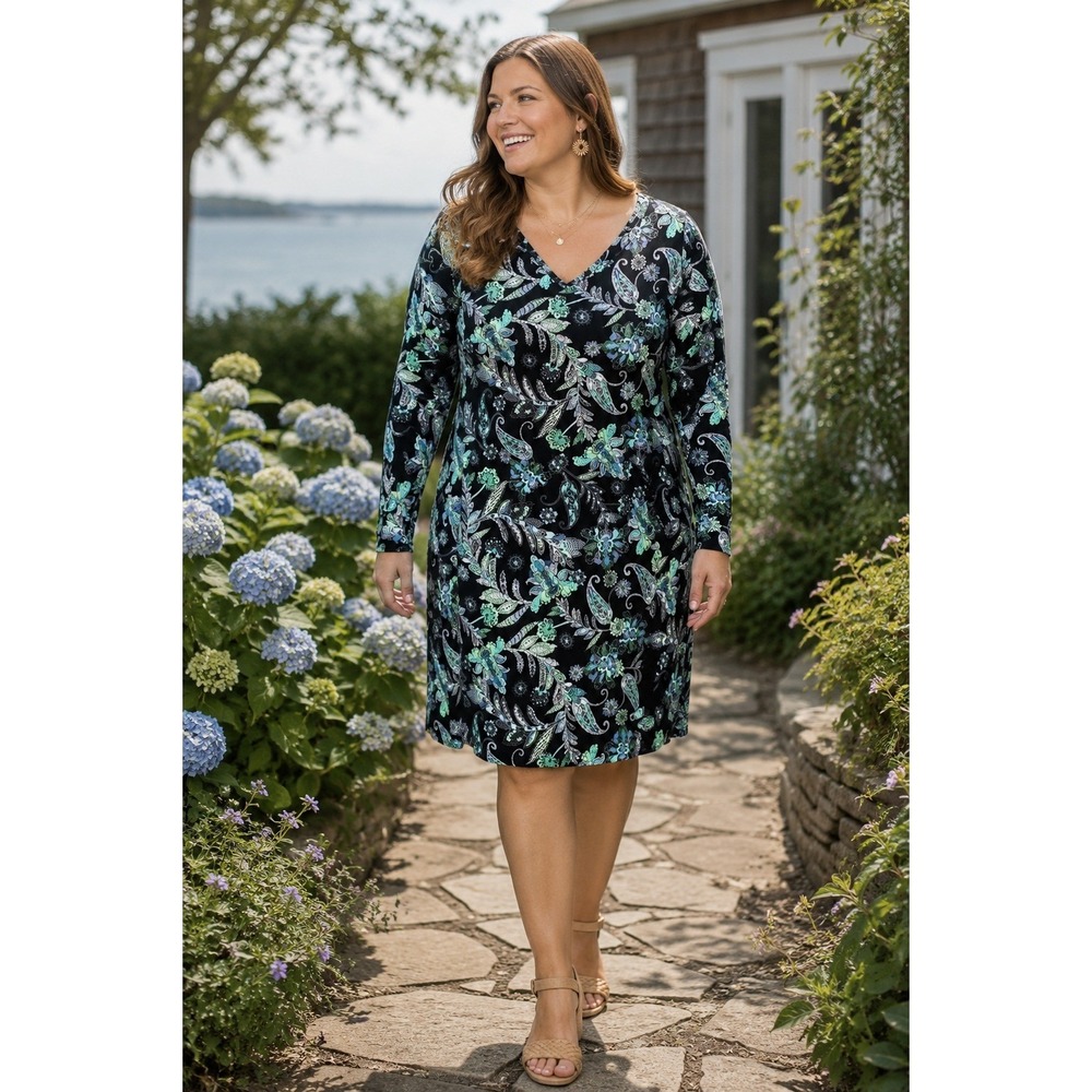 NEW Sara Campbell XL V-Neck Printed Jersey Knit Dress‎ Paisley Floral Blue Green